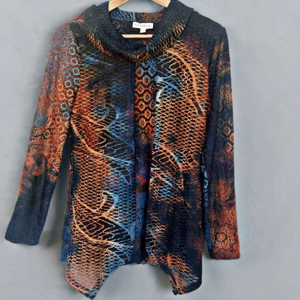 🍂 NorthStyle Abstract Print Tunic Top Cowl Neck Sheer Boho Fall Colors | Small